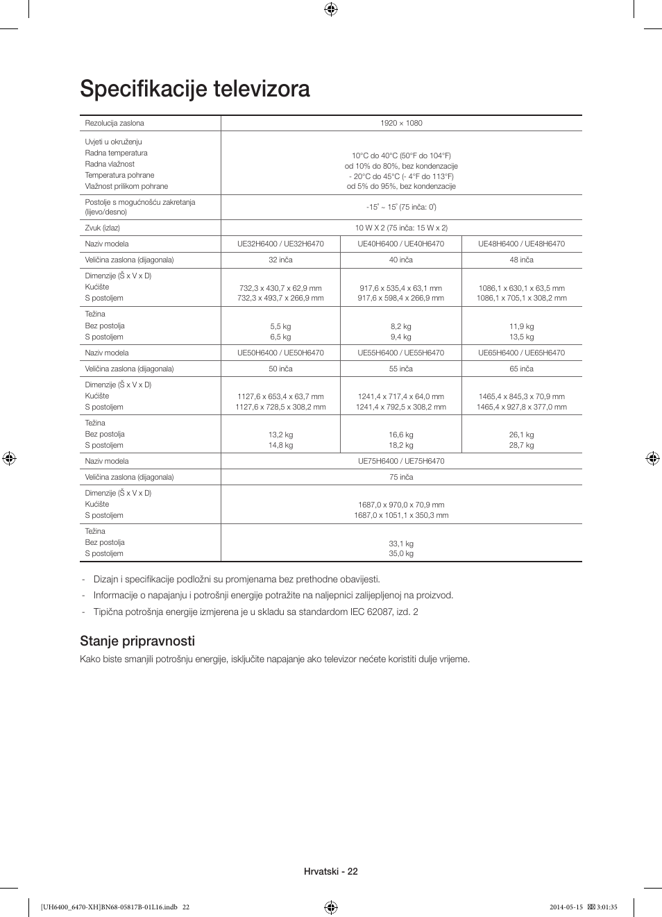 Specifikacije televizora, Stanje pripravnosti | Samsung UE48H6470SS User Manual | Page 132 / 353
