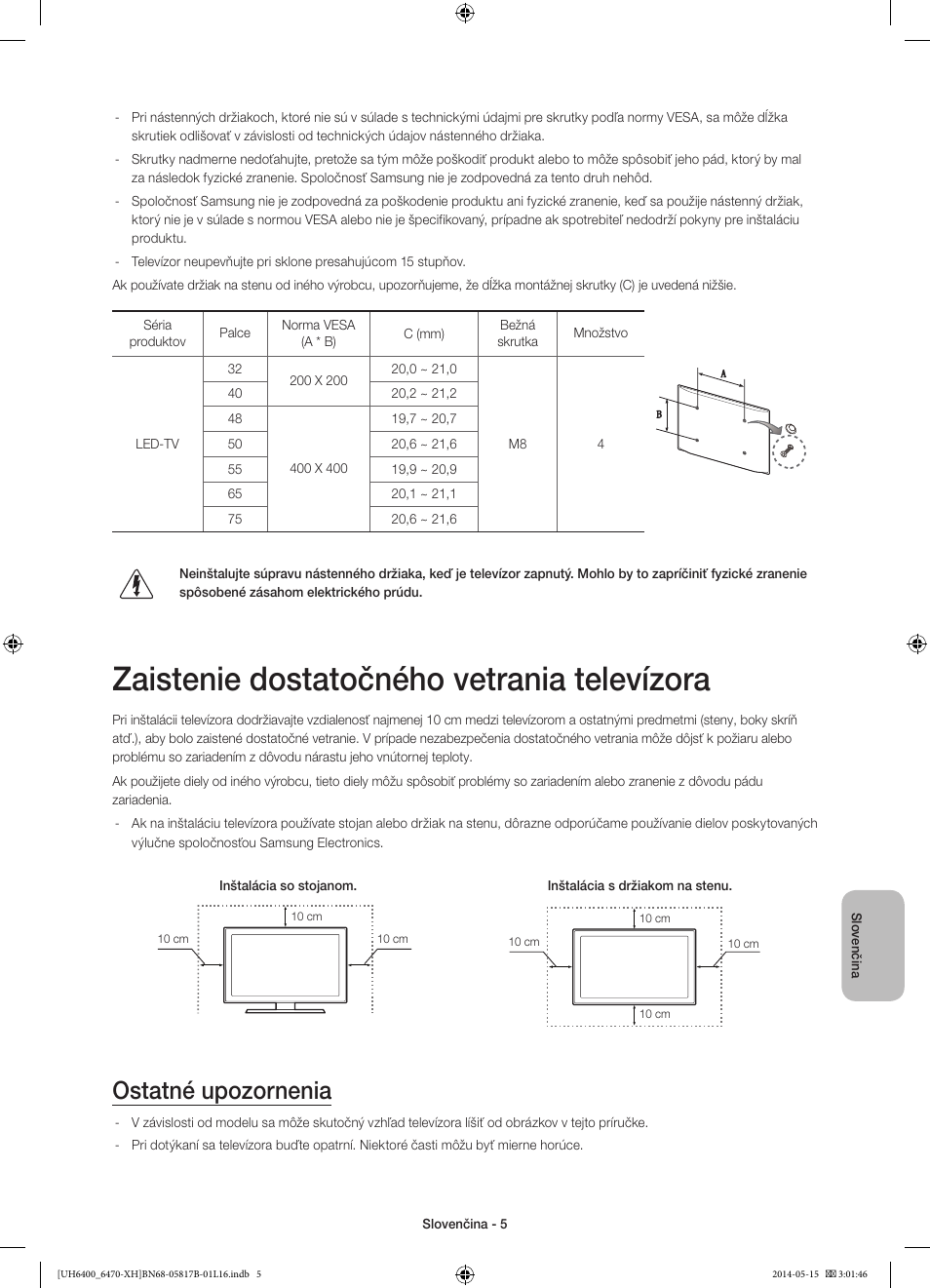 Zaistenie dostatočného vetrania televízora, Ostatné upozornenia | Samsung UE48H6470SS User Manual | Page 159 / 353