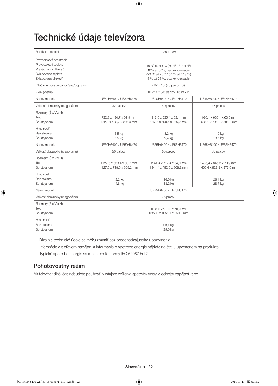 Technické údaje televízora, Pohotovostný režim | Samsung UE48H6470SS User Manual | Page 176 / 353