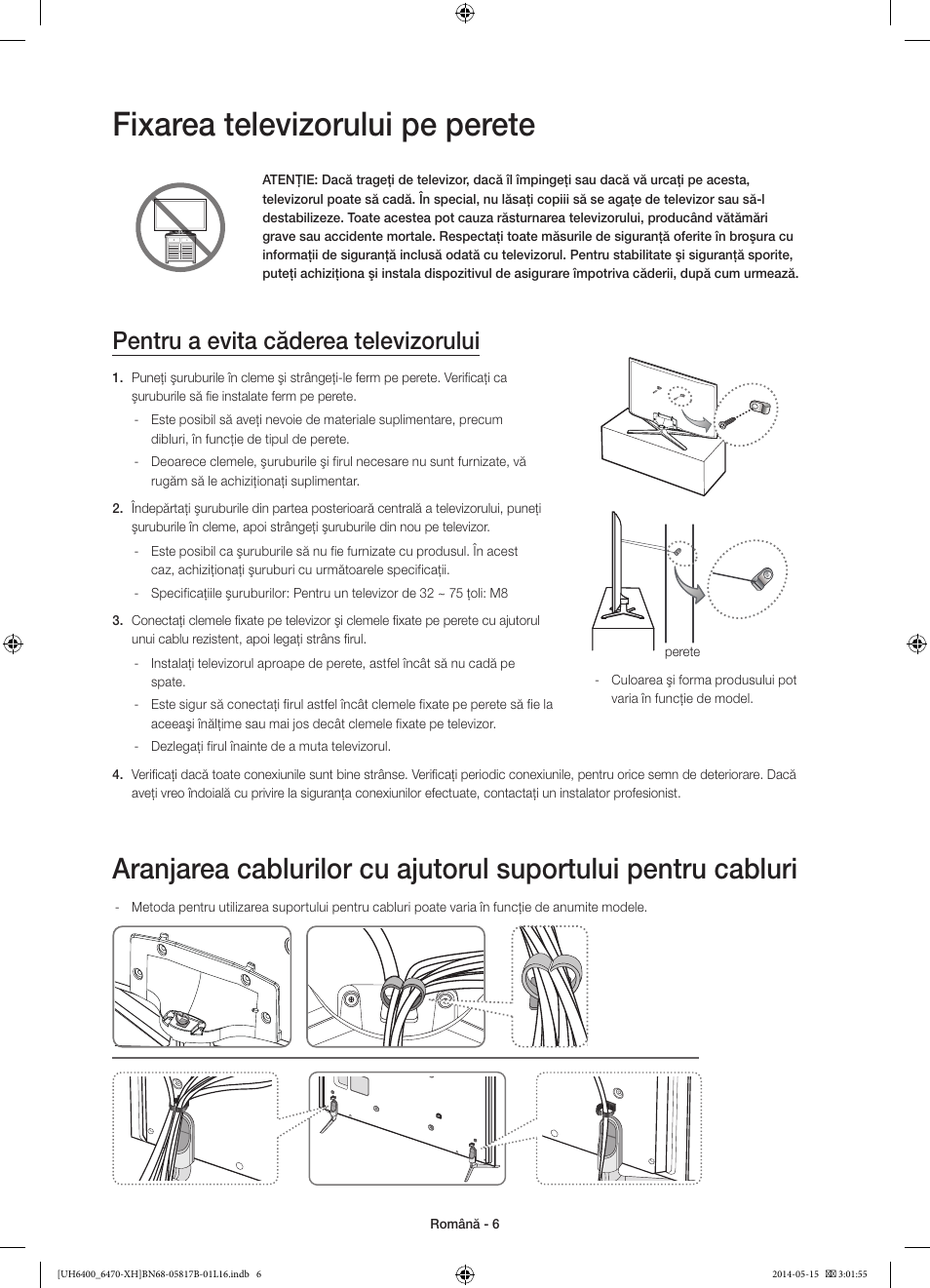Fixarea televizorului pe perete, Pentru a evita căderea televizorului | Samsung UE48H6470SS User Manual | Page 182 / 353