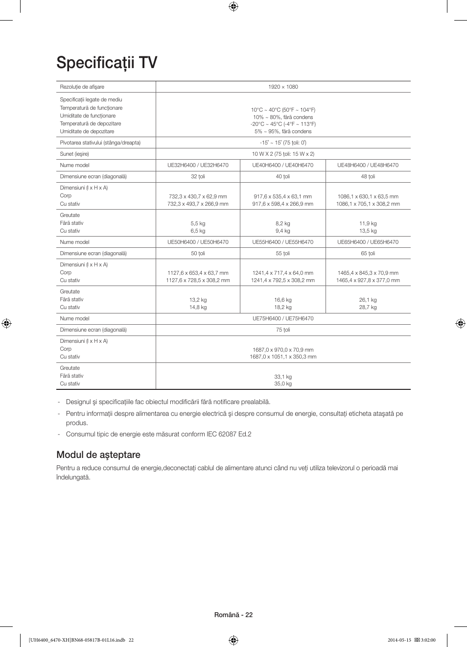 Specificaţii tv, Modul de aşteptare | Samsung UE48H6470SS User Manual | Page 198 / 353