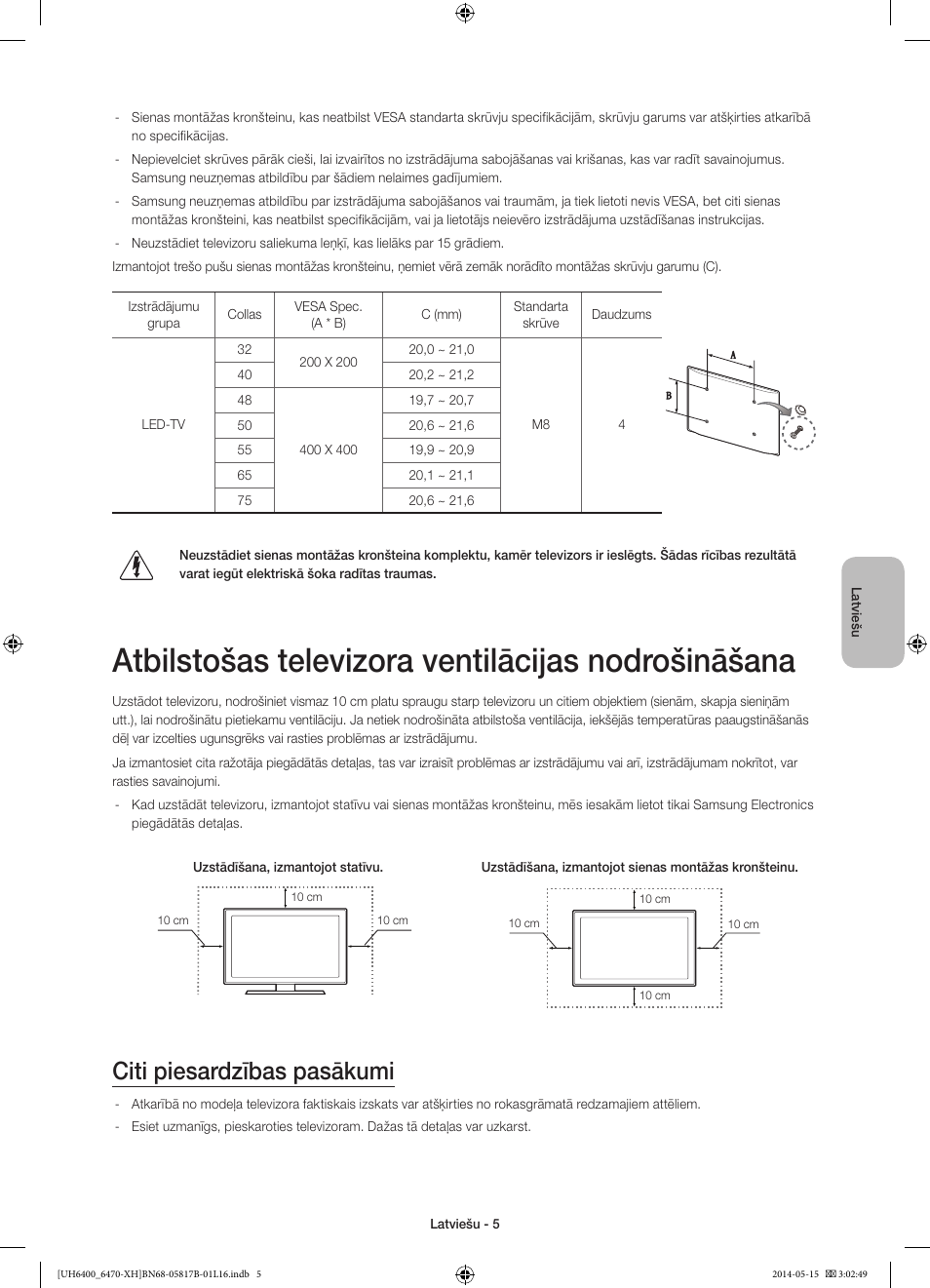 Atbilstošas televizora ventilācijas nodrošināšana, Citi piesardzības pasākumi | Samsung UE48H6470SS User Manual | Page 291 / 353