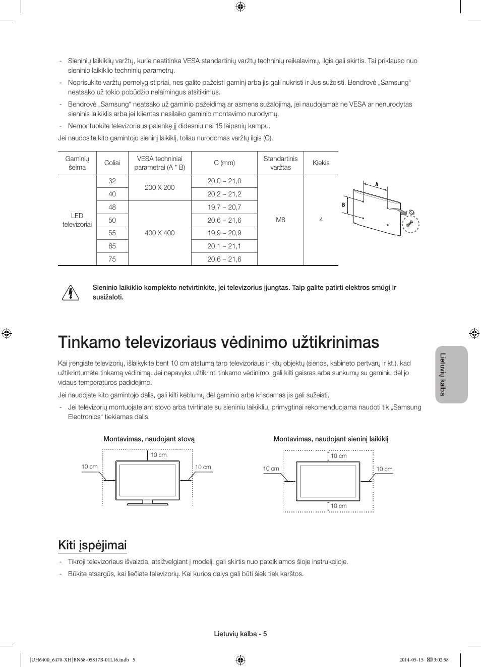 Tinkamo televizoriaus vėdinimo užtikrinimas, Kiti įspėjimai | Samsung UE48H6470SS User Manual | Page 313 / 353