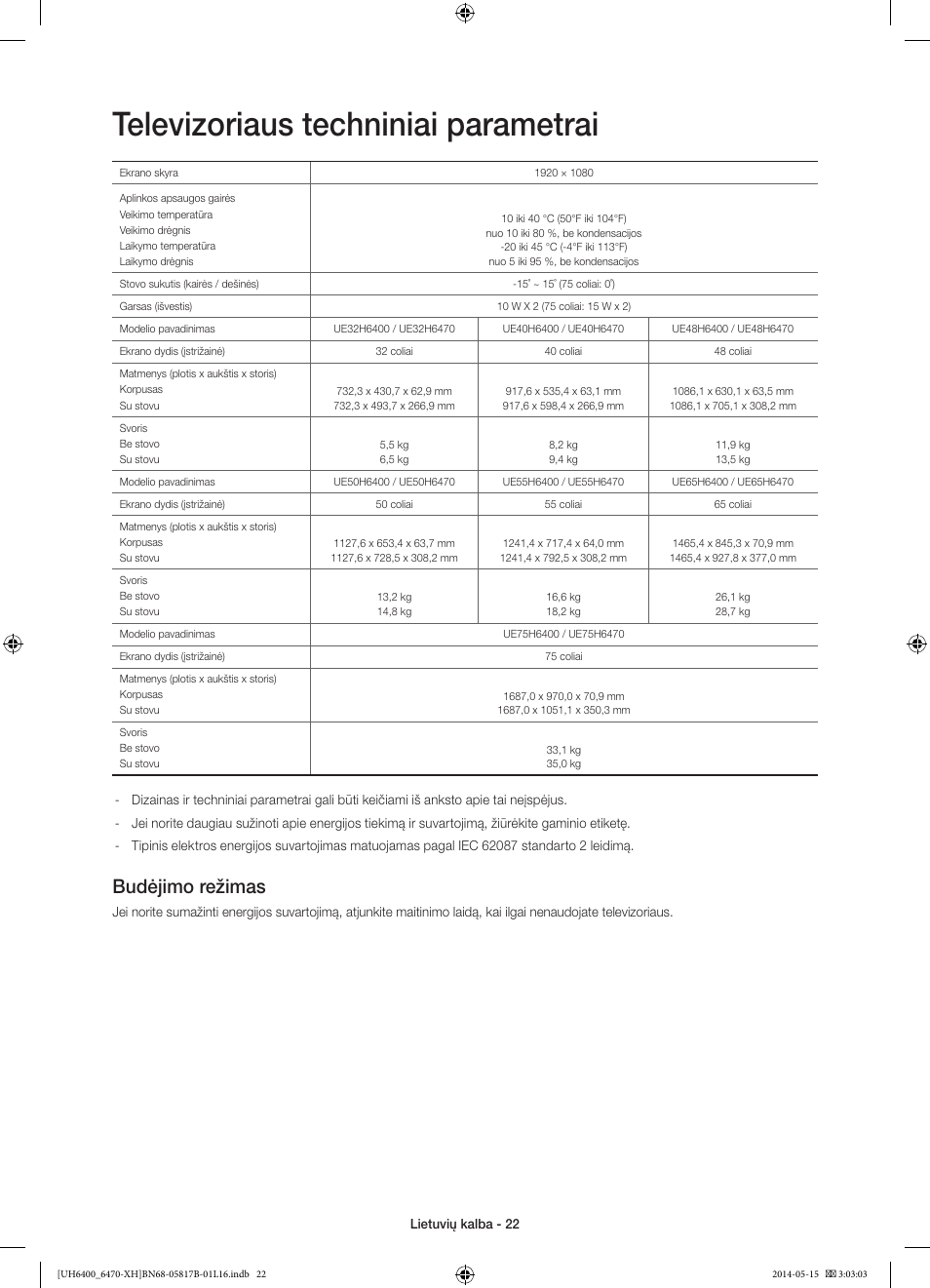 Televizoriaus techniniai parametrai, Budėjimo režimas | Samsung UE48H6470SS User Manual | Page 330 / 353