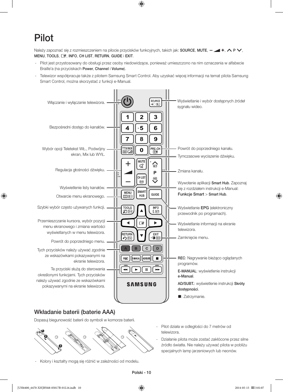 Pilot, Wkładanie baterii (baterie aaa) | Samsung UE48H6470SS User Manual | Page 54 / 353
