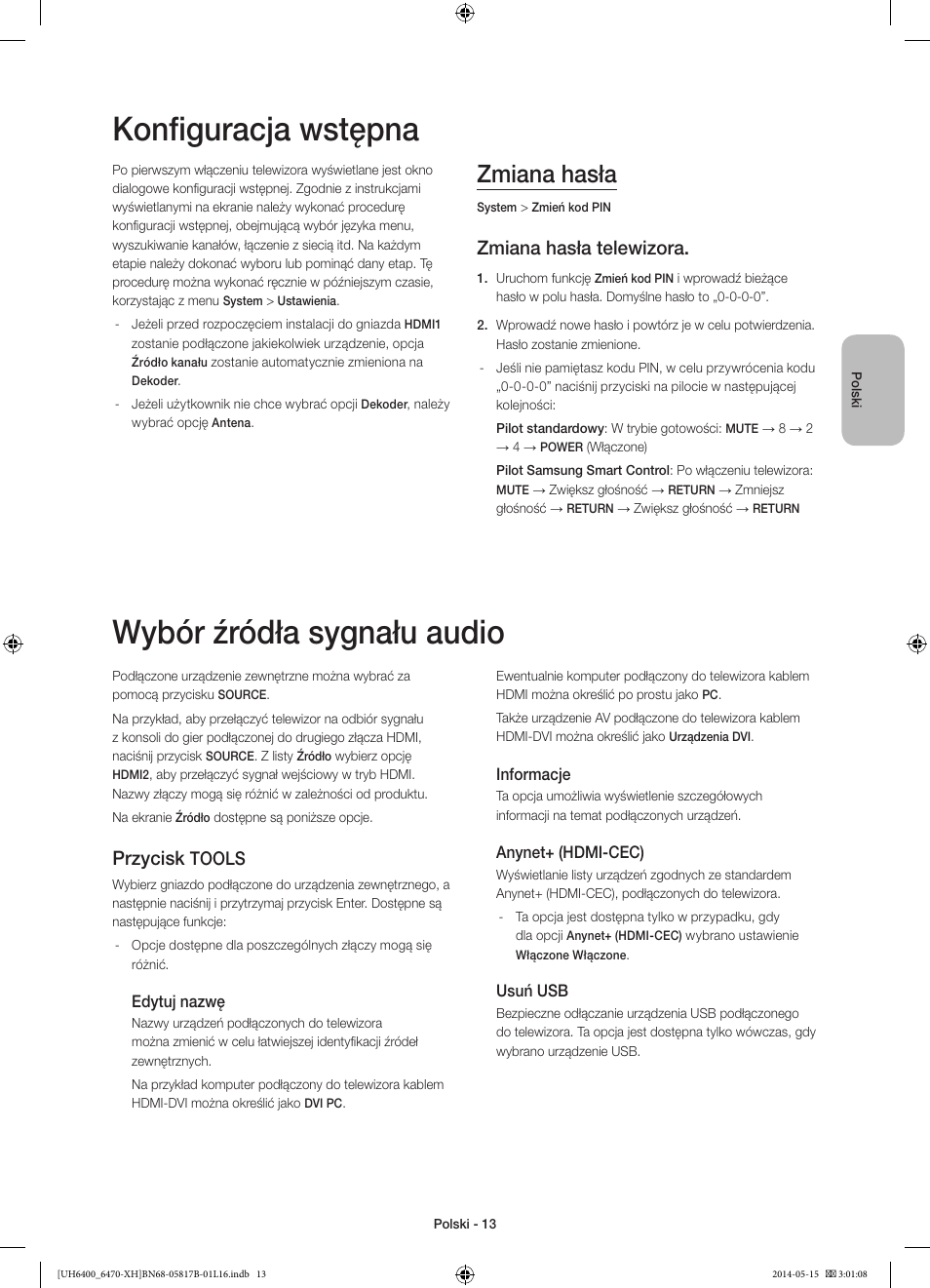 Konfiguracja wstępna, Wybór źródła sygnału audio, Zmiana hasła | Zmiana hasła telewizora, Przycisk, Tools | Samsung UE48H6470SS User Manual | Page 57 / 353