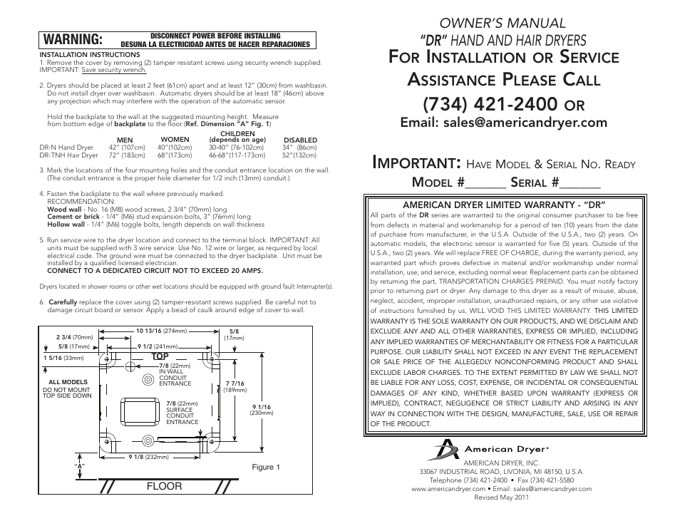 American Dryer Hand and Hair Dryer User Manual | 2 pages