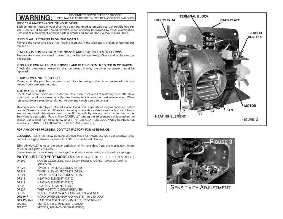 Warning, Ensitivity, Djustment | Igure | American Dryer Hand and Hair Dryer User Manual | Page 2 / 2