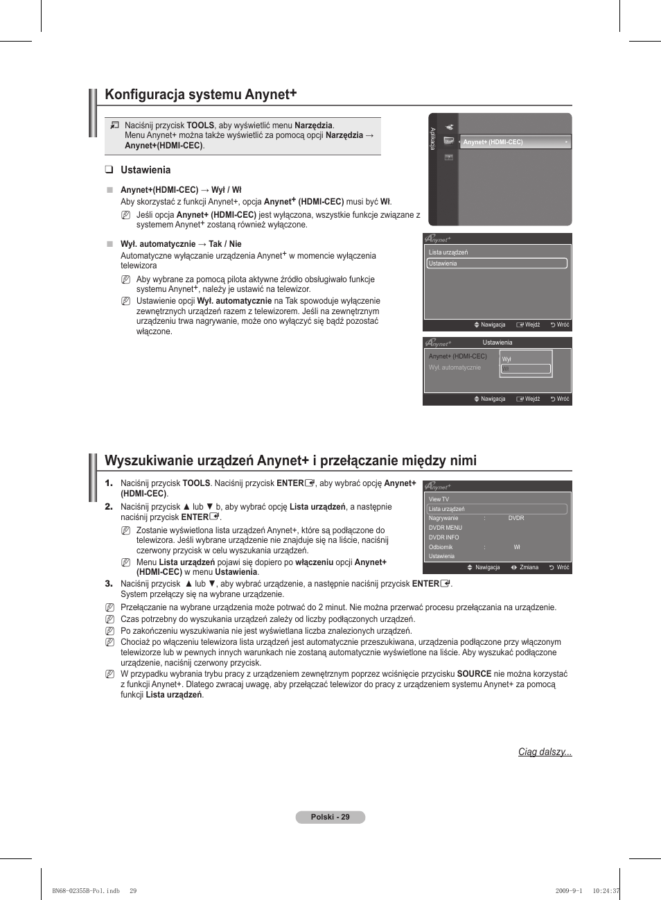 Konfiguracja systemu anynet, Ustawienia | Samsung PS50B530S2W User Manual | Page 105 / 382