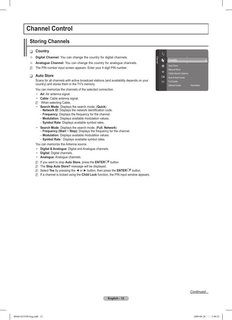 Channel control, Storing channels | Samsung PS50B530S2W User Manual | Page 12 / 382
