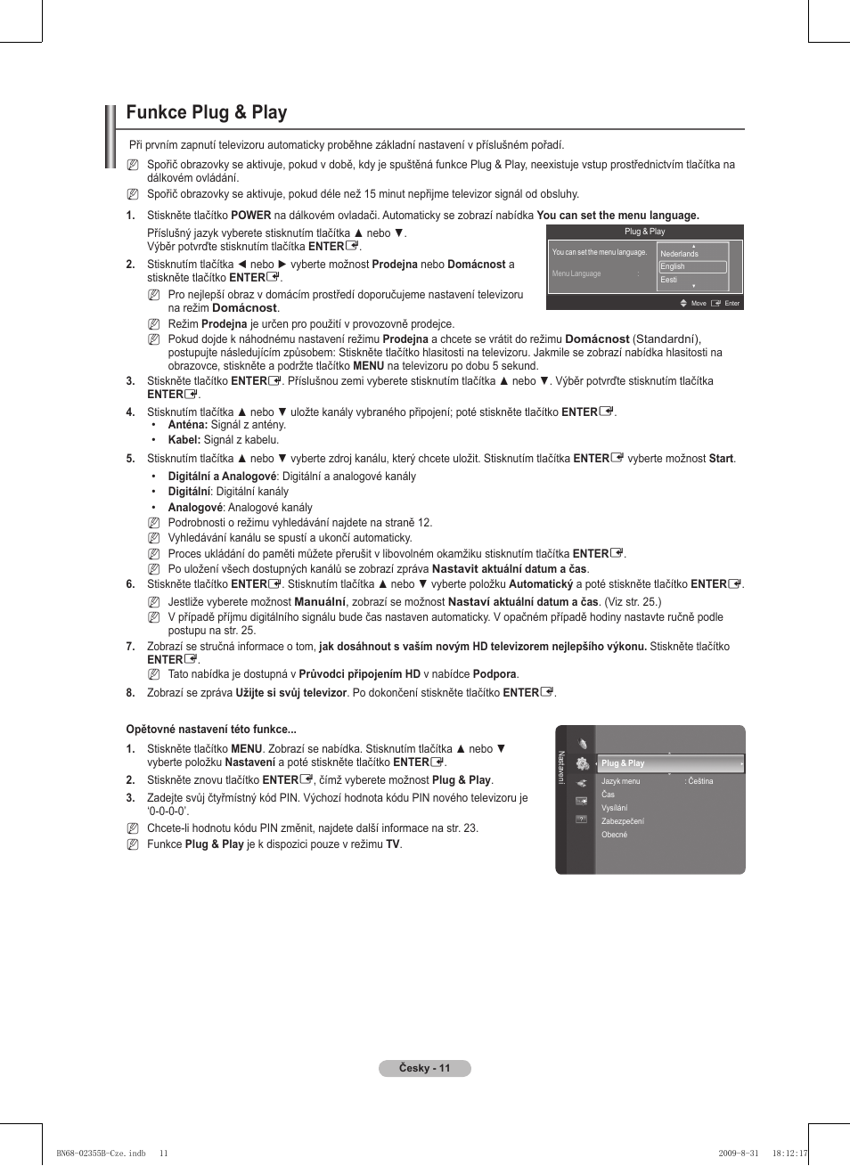 Funkce plug & play | Samsung PS50B530S2W User Manual | Page 201 / 382