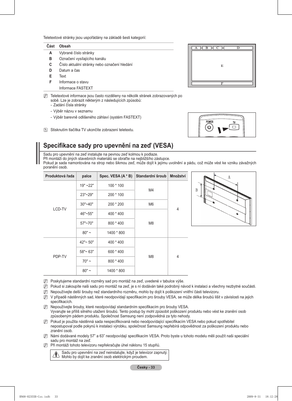 Specifikace sady pro upevnění na zeď (vesa) | Samsung PS50B530S2W User Manual | Page 223 / 382