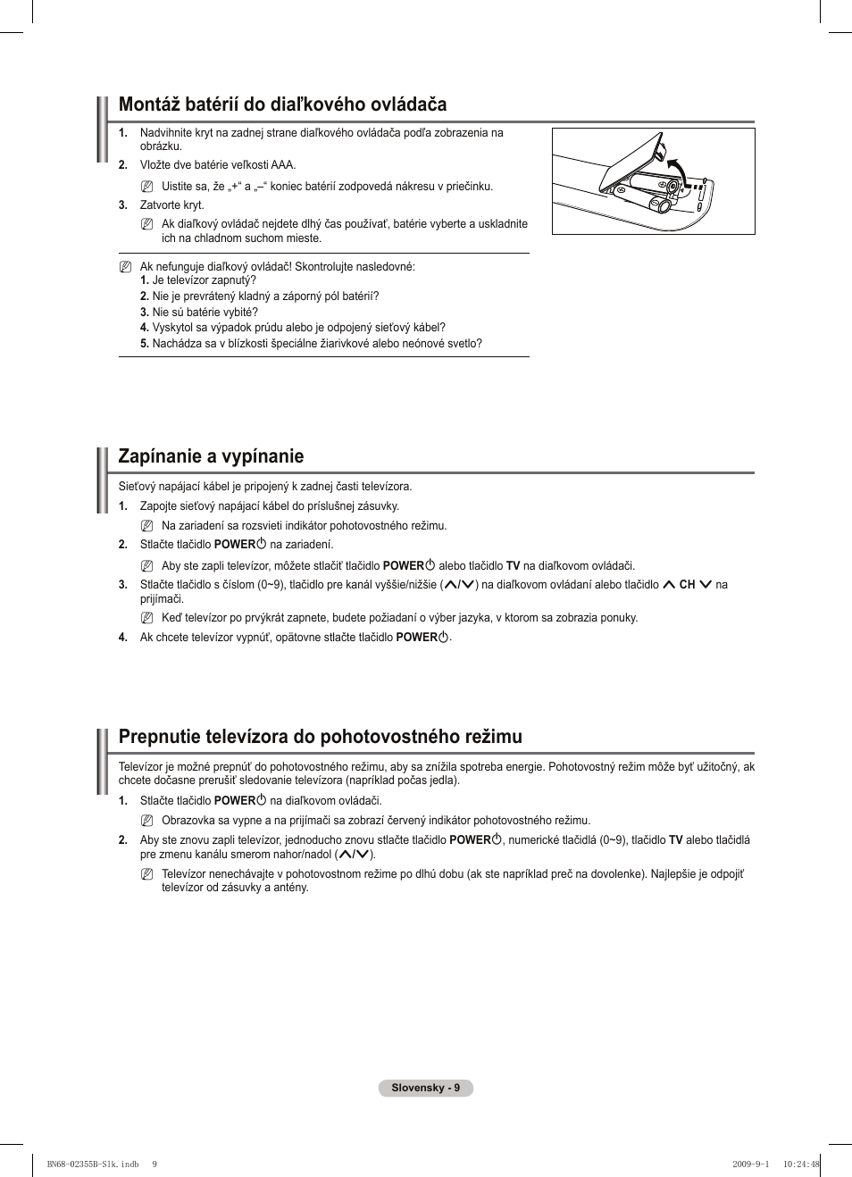 Montáž batérií do diaľkového ovládača, Zapínanie a vypínanie, Prepnutie televízora do pohotovostného režimu | Samsung PS50B530S2W User Manual | Page 237 / 382