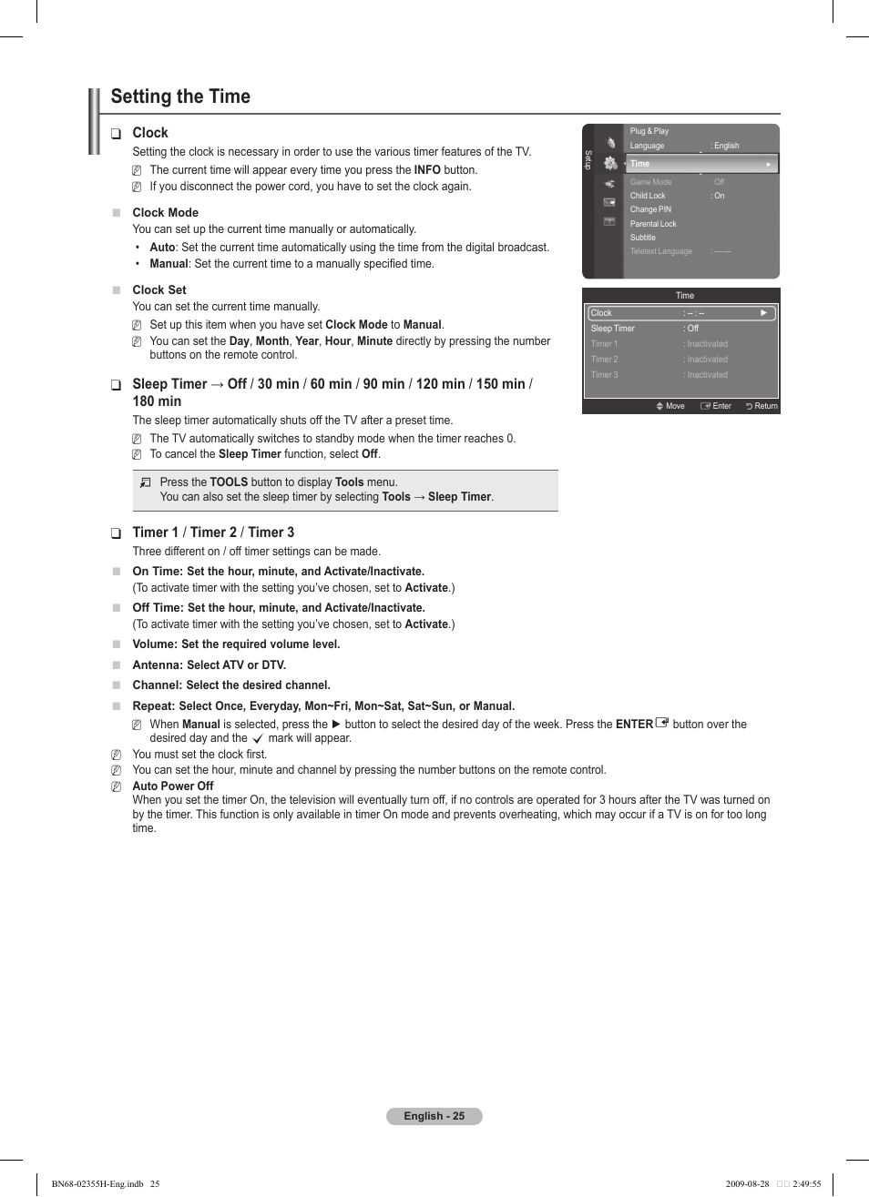 Setting the time | Samsung PS50B530S2W User Manual | Page 25 / 382