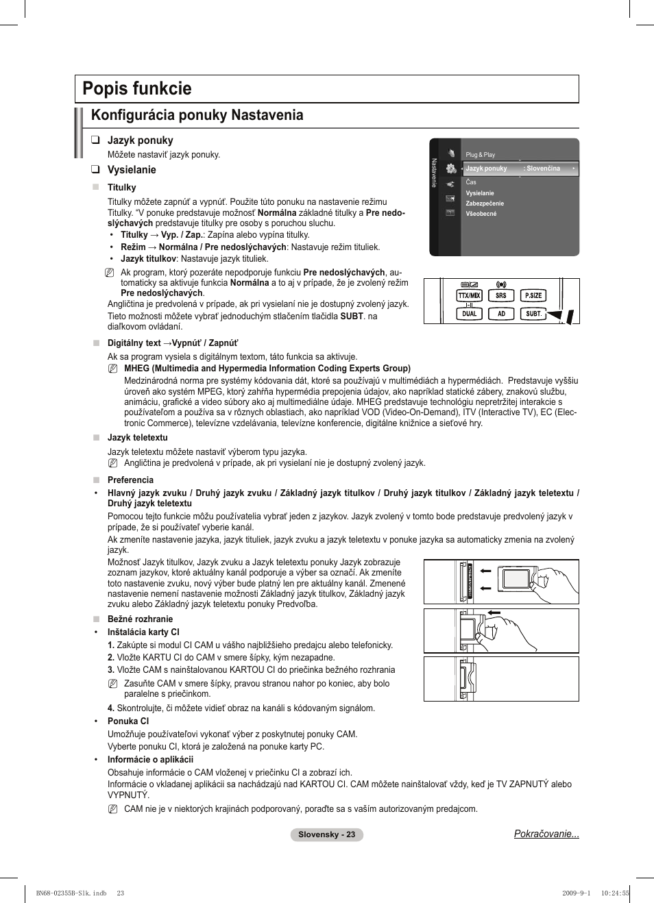 Popis funkcie, Konfigurácia ponuky nastavenia | Samsung PS50B530S2W User Manual | Page 251 / 382