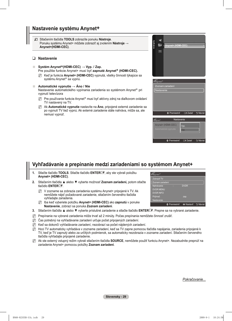 Nastavenie systému anynet, Nastavenie | Samsung PS50B530S2W User Manual | Page 257 / 382