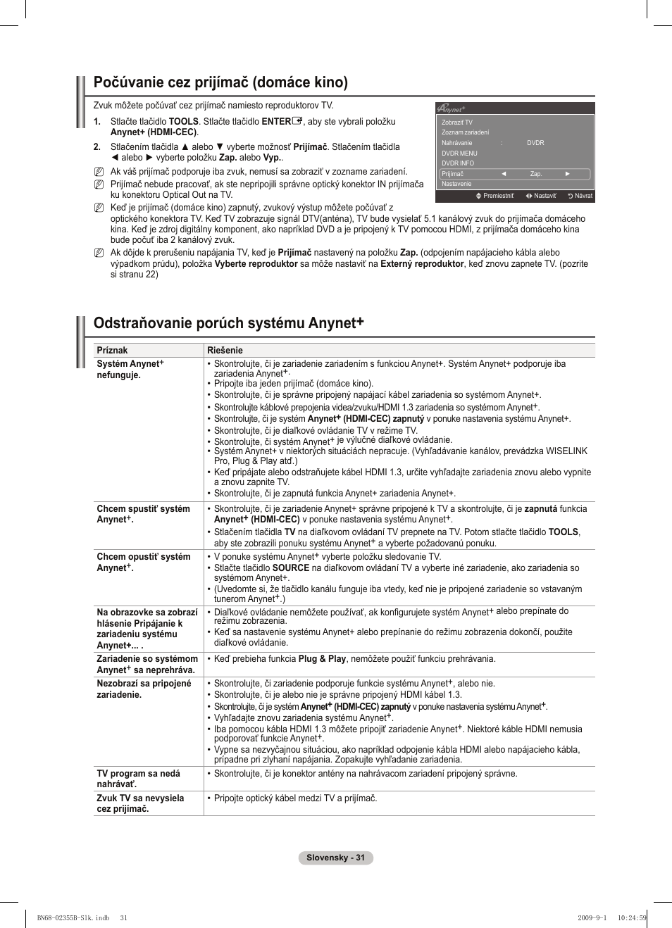 Počúvanie cez prijímač (domáce kino), Odstraňovanie porúch systému anynet | Samsung PS50B530S2W User Manual | Page 259 / 382