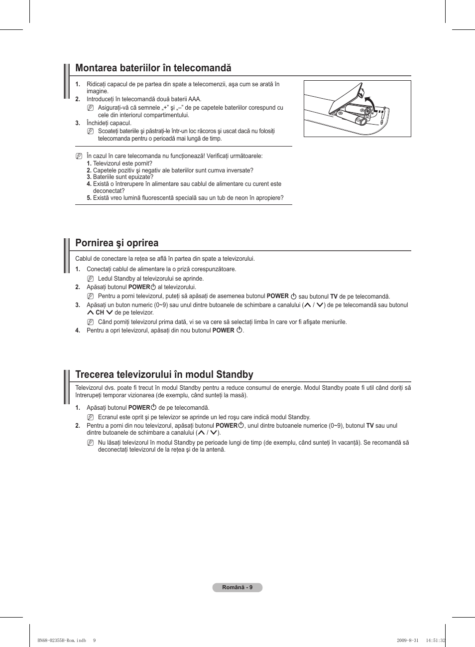 Montarea bateriilor în telecomandă, Pornirea şi oprirea, Trecerea televizorului în modul standby | Samsung PS50B530S2W User Manual | Page 275 / 382