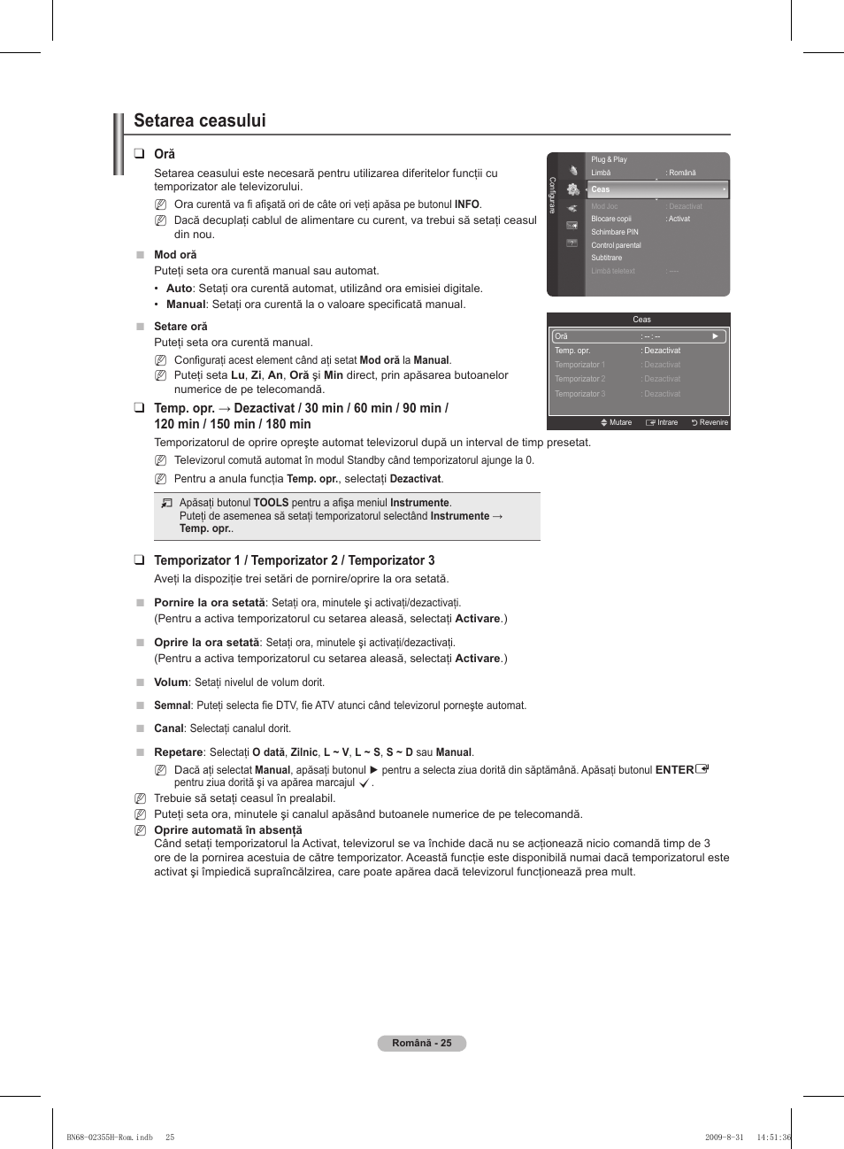 Setarea ceasului | Samsung PS50B530S2W User Manual | Page 291 / 382