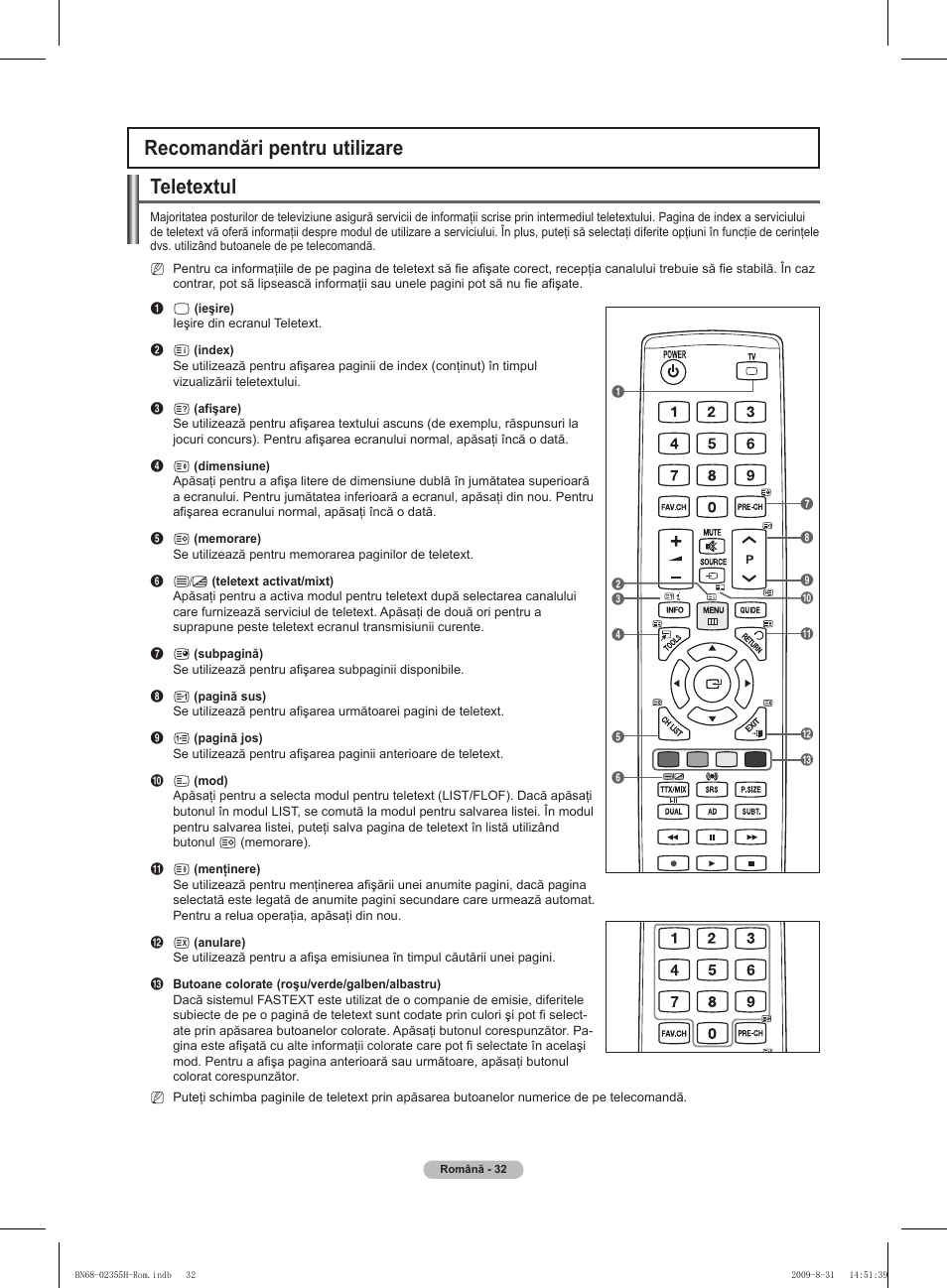 Recomandări pentru utilizare teletextul | Samsung PS50B530S2W User Manual | Page 298 / 382