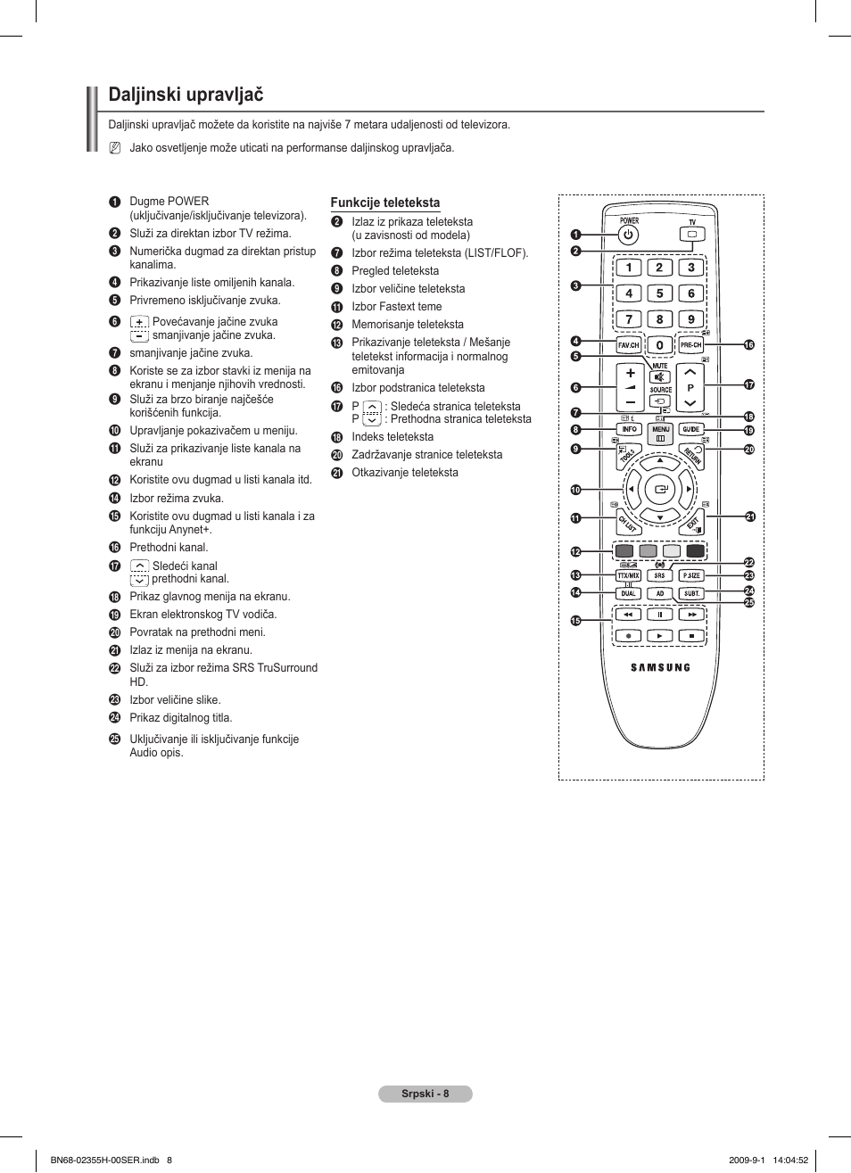 Daljinski upravljač | Samsung PS50B530S2W User Manual | Page 312 / 382