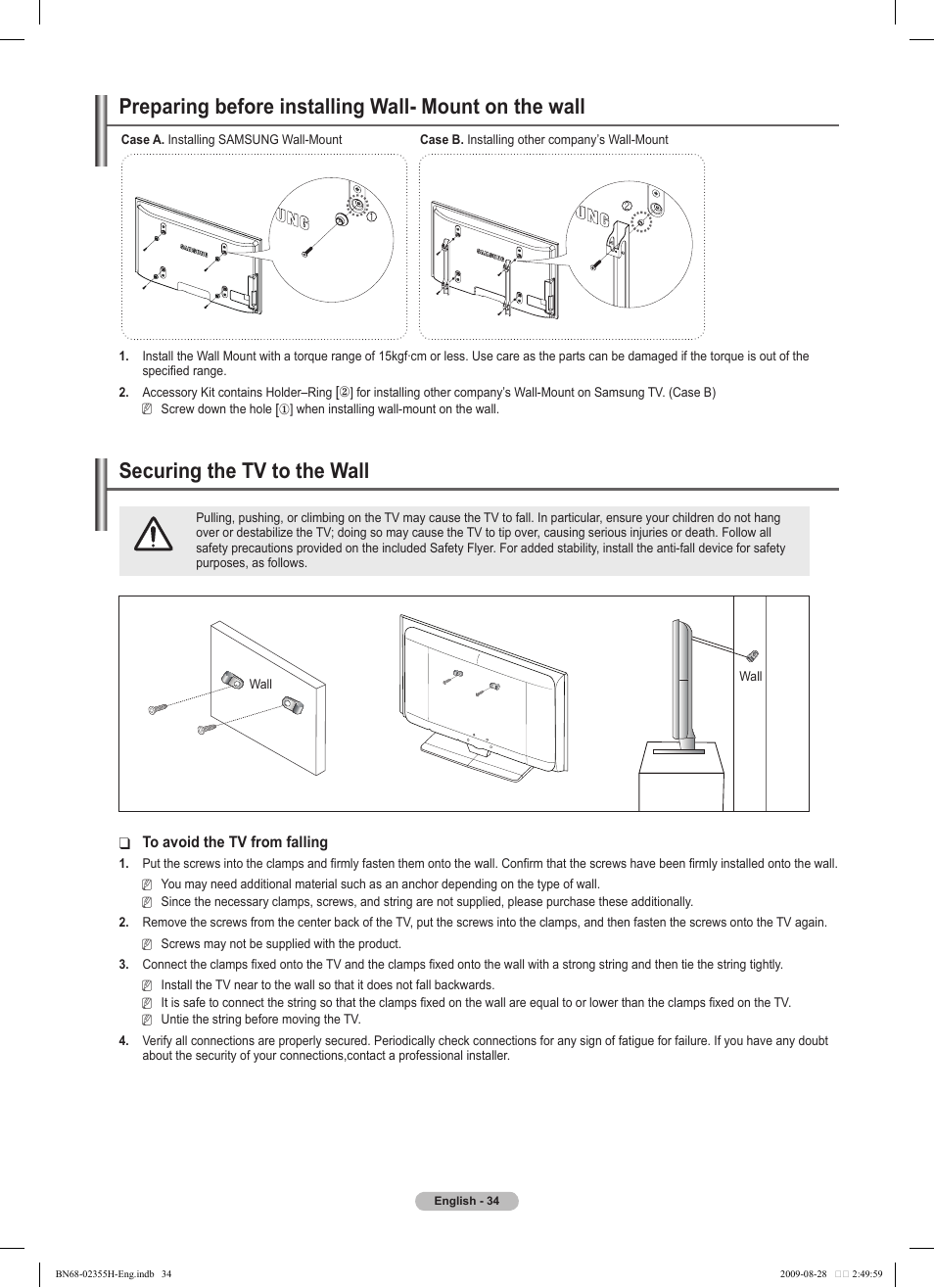 경고 주의 경고 주의, Securing the tv to the wall | Samsung PS50B530S2W User Manual | Page 34 / 382