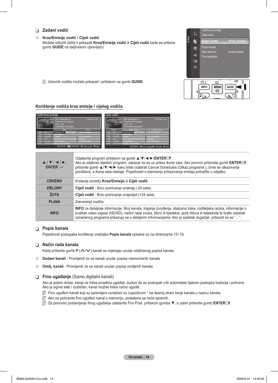 Zadani vodič, Popis kanala, Način rada kanala | Fino ugađanje, Samo digitalni kanali), Korištenje vodiča kroz emisije / cijelog vodiča | Samsung PS50B530S2W User Manual | Page 356 / 382