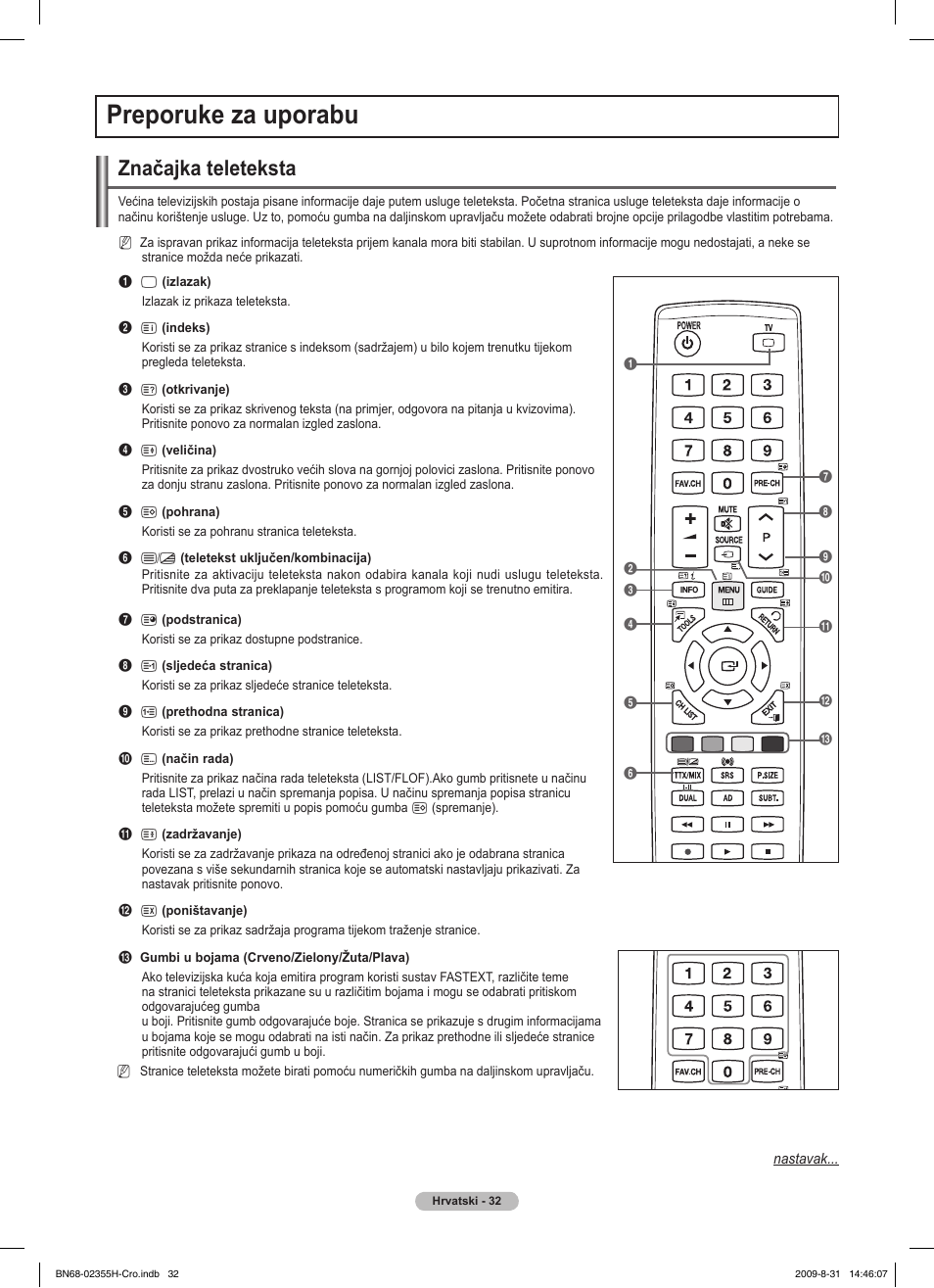 Preporuke za uporabu, Značajka teleteksta | Samsung PS50B530S2W User Manual | Page 374 / 382