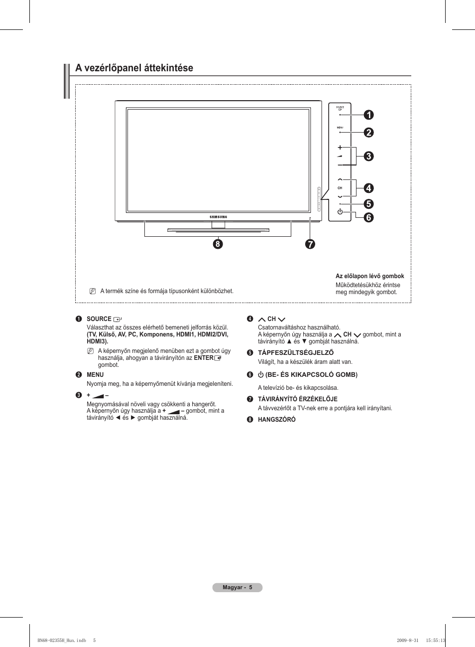 A vezérlőpanel áttekintése | Samsung PS50B530S2W User Manual | Page 43 / 382