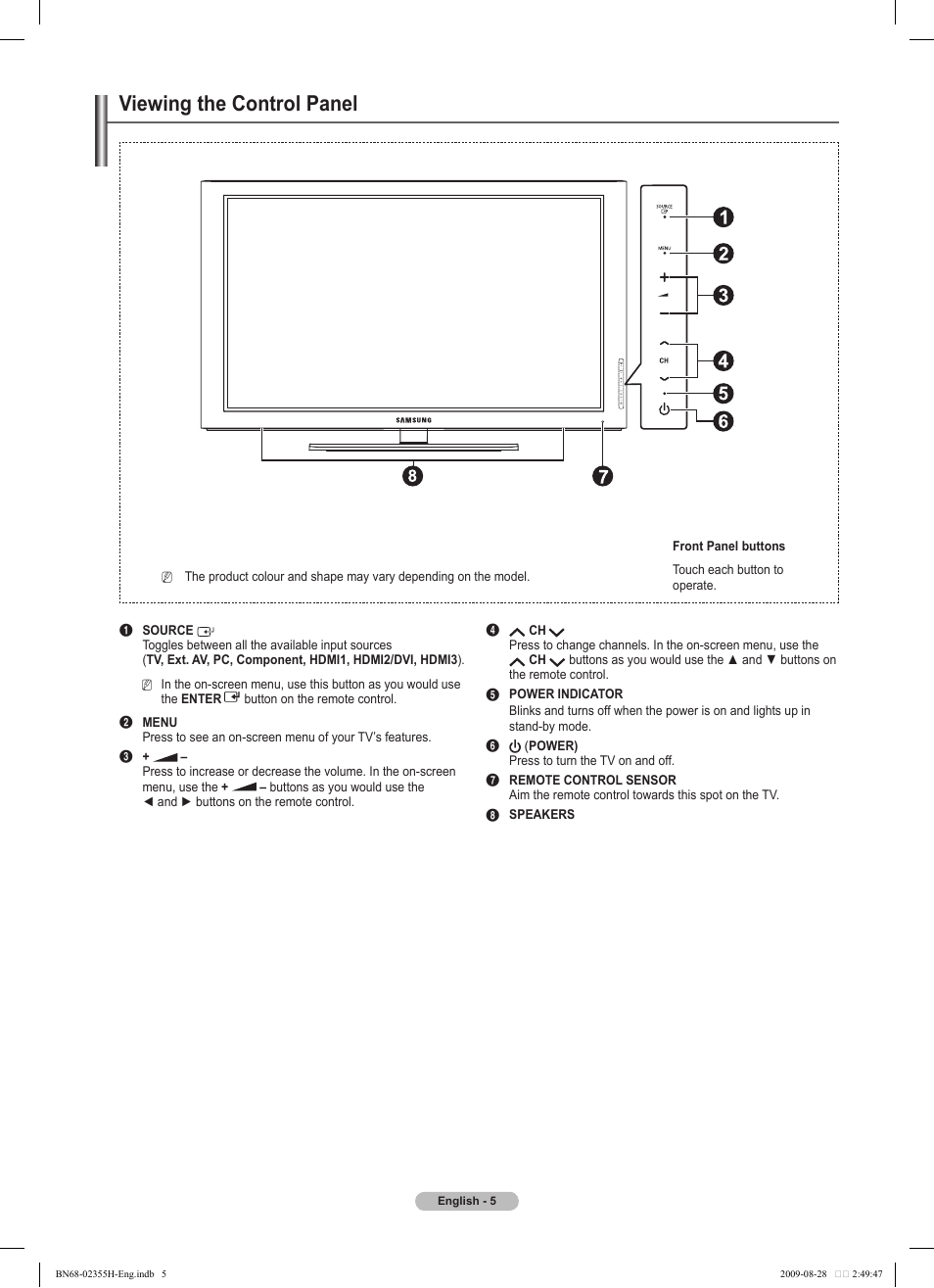 Viewing the control panel | Samsung PS50B530S2W User Manual | Page 5 / 382