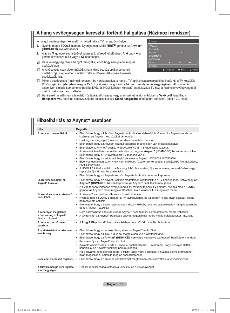 Hibaelhárítás az anynet+ esetében | Samsung PS50B530S2W User Manual | Page 69 / 382