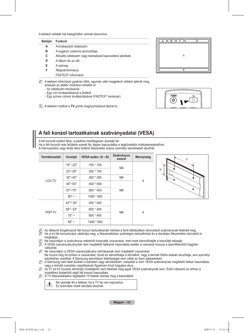 A fali konzol tartozékainak szabványadatai (vesa) | Samsung PS50B530S2W User Manual | Page 71 / 382