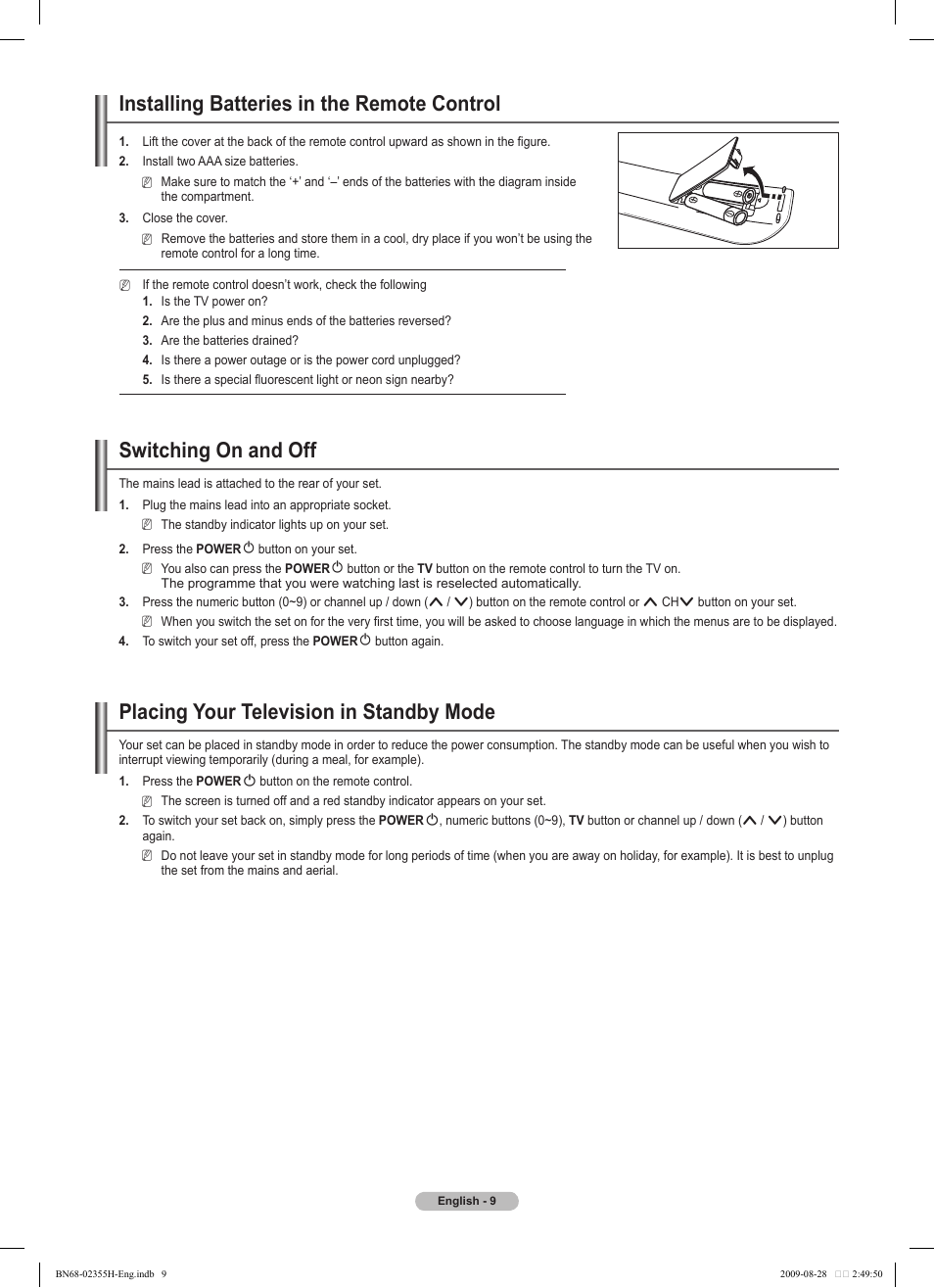 Installing batteries in the remote control, Switching on and off, Placing your television in standby mode | Samsung PS50B530S2W User Manual | Page 9 / 382