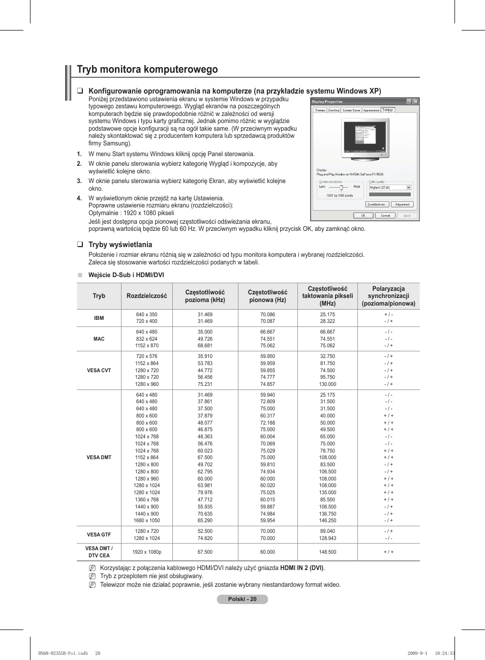 Tryb monitora komputerowego, Tryby wyświetlania | Samsung PS50B530S2W User Manual | Page 96 / 382