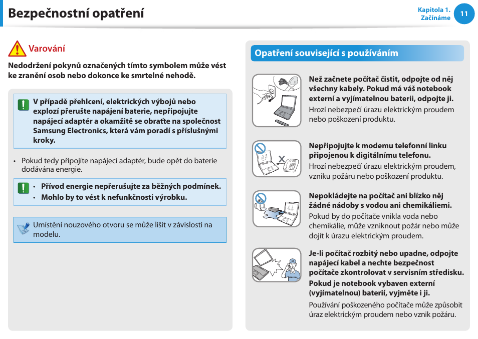 Bezpečnostní opatření, Varování, Opatření související s používáním | Samsung NP370R5E User Manual | Page 12 / 133
