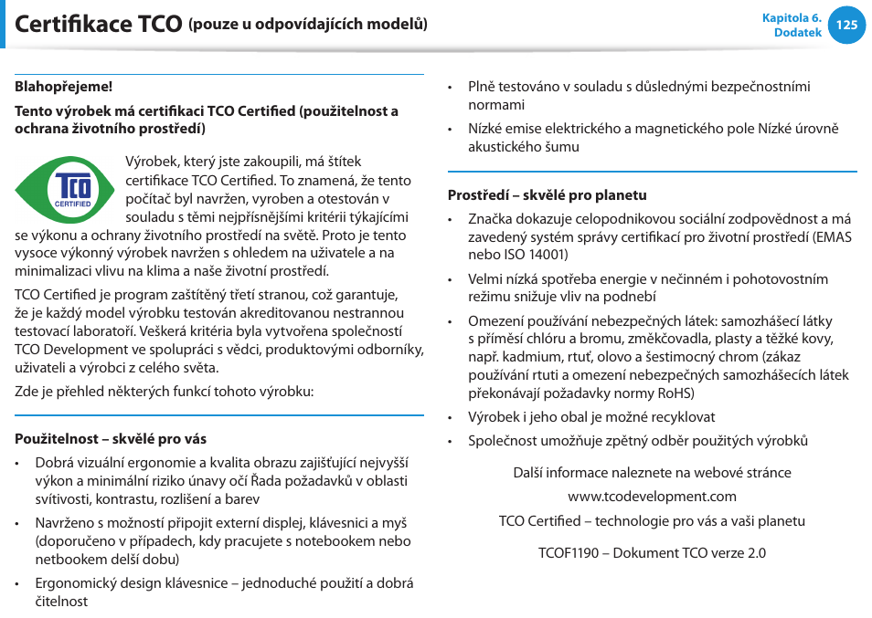 Certifikace tco (pouze u odpovídajících modelů), Certifikace tco, Félicitations | Samsung NP370R5E User Manual | Page 126 / 133