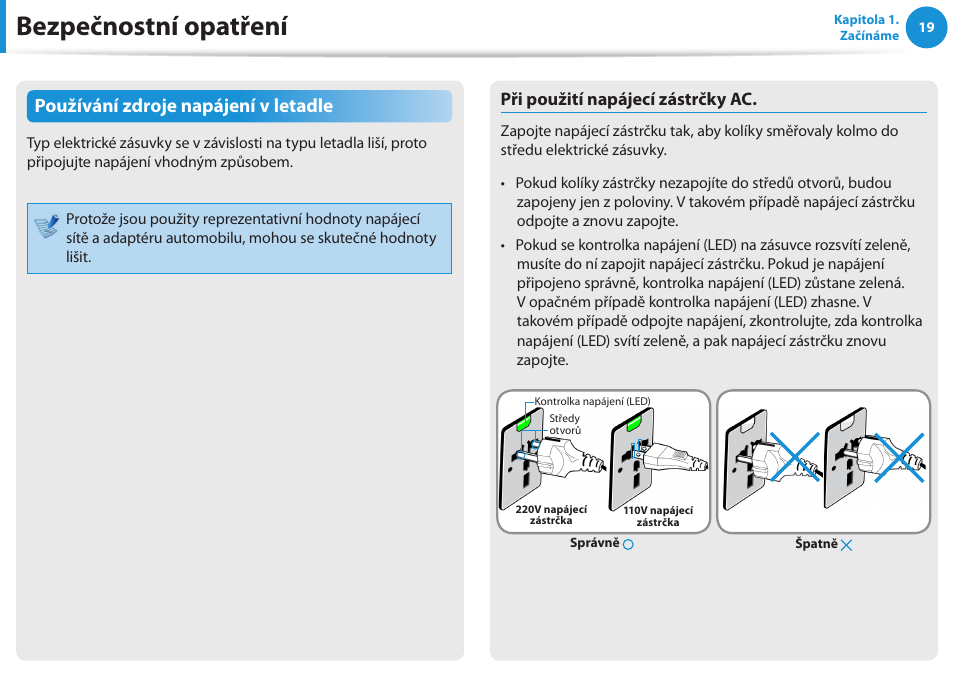 Bezpečnostní opatření, Používání zdroje napájení v letadle, Při použití napájecí zástrčky ac | Samsung NP370R5E User Manual | Page 20 / 133