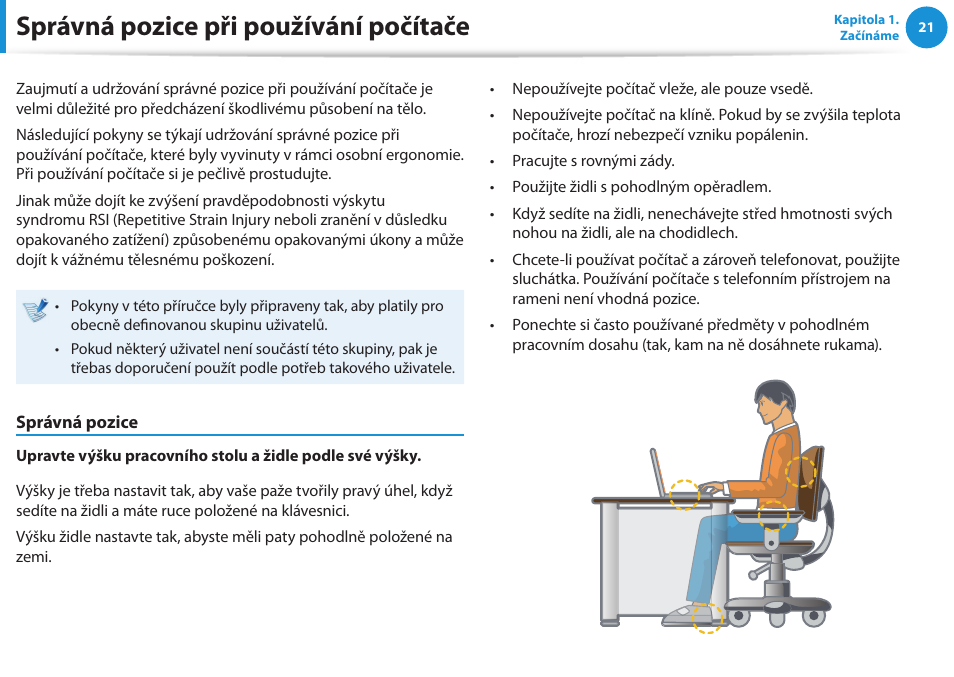 Správná pozice při používání počítače | Samsung NP370R5E User Manual | Page 22 / 133