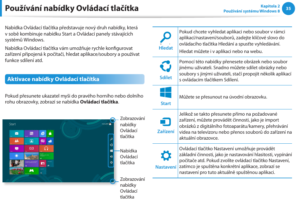 Používání nabídky ovládací tlačítka, Aktivace nabídky ovládací tlačítka | Samsung NP370R5E User Manual | Page 36 / 133