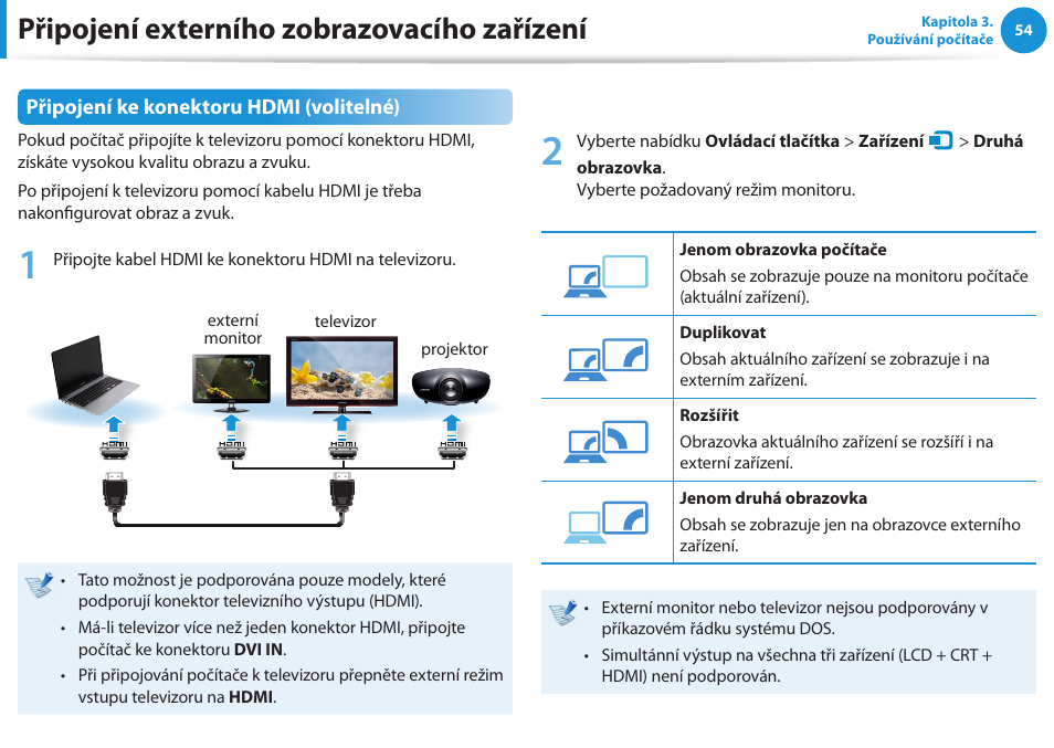 Připojení externího zobrazovacího zařízení, Připojení ke konektoru hdmi (volitelné) | Samsung NP370R5E User Manual | Page 55 / 133