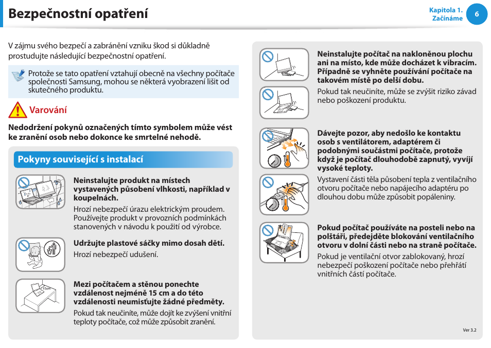 Bezpečnostní opatření, Pokyny související s instalací, Varování | Samsung NP370R5E User Manual | Page 7 / 133