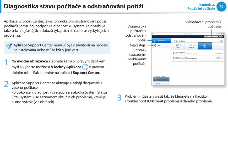 Diagnostika stavu počítače a odstraňování potíží | Samsung NP370R5E User Manual | Page 71 / 133