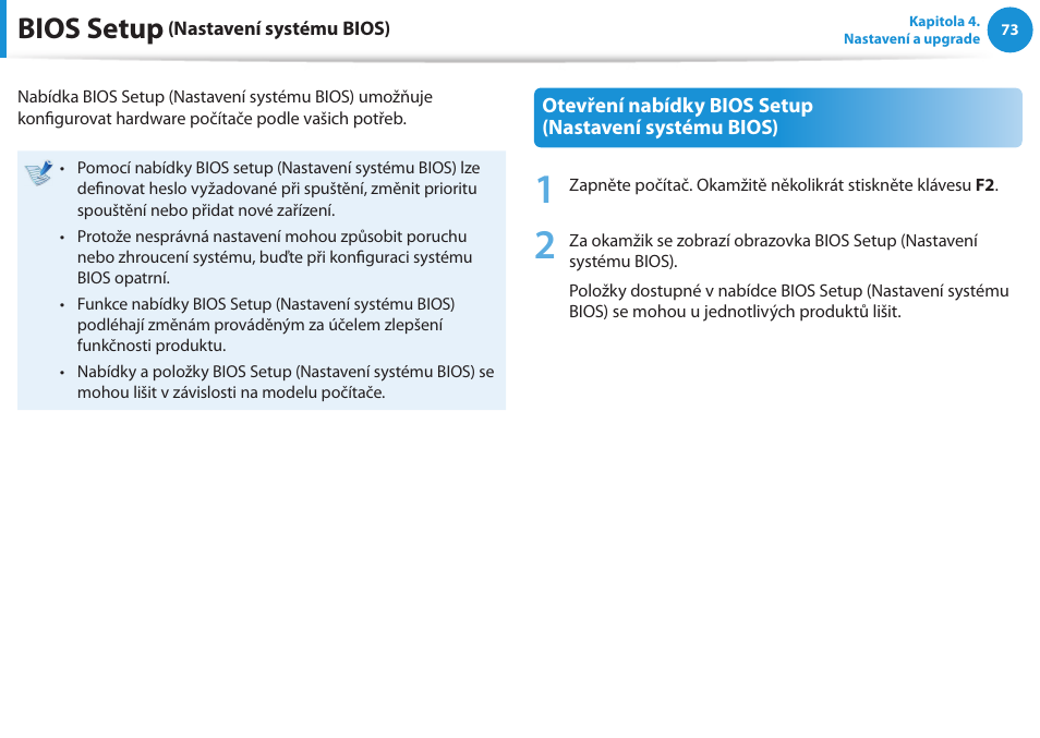 Bios setup (nastavení systému bios), Bios setup | Samsung NP370R5E User Manual | Page 74 / 133
