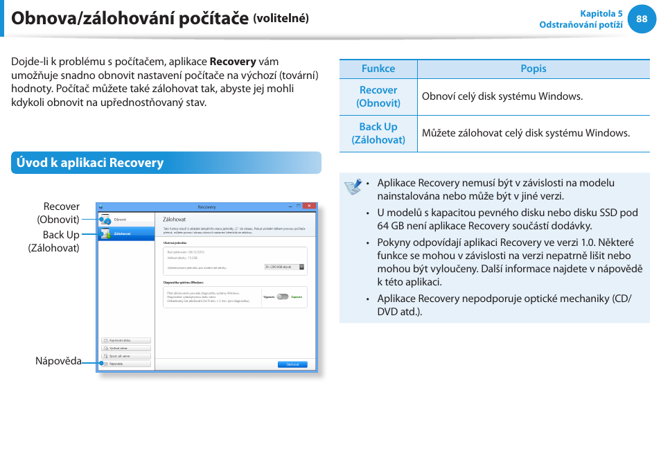 Obnova/zálohování počítače (volitelné), Obnova/zálohování počítače, Úvod k aplikaci recovery | Samsung NP370R5E User Manual | Page 89 / 133
