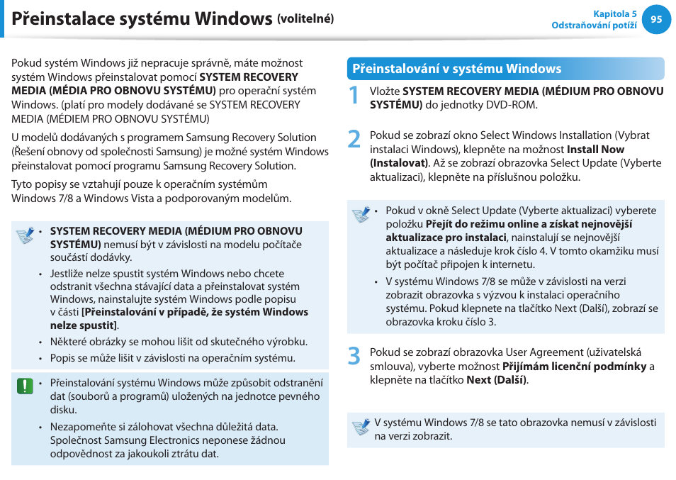 Přeinstalace systému windows (volitelné), Přeinstalace systému windows | Samsung NP370R5E User Manual | Page 96 / 133