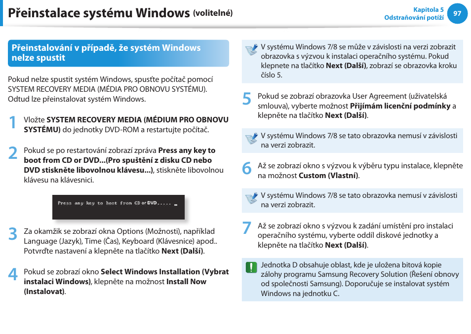 Přeinstalace systému windows | Samsung NP370R5E User Manual | Page 98 / 133