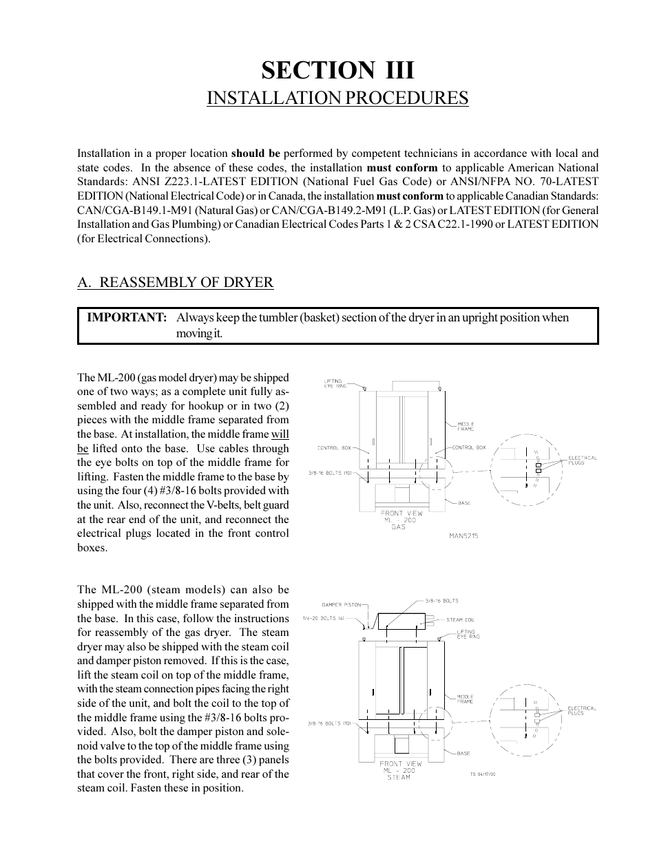 Installation procedures | American Dryer Non-Tilting Phase 5 ML-200 User Manual | Page 13 / 59