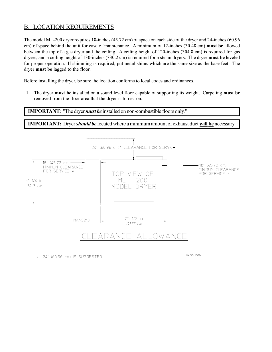 B. location requirements | American Dryer Non-Tilting Phase 5 ML-200 User Manual | Page 16 / 59
