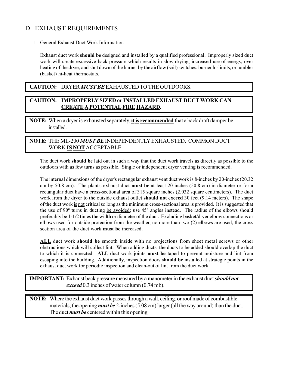 D. exhaust requirements | American Dryer Non-Tilting Phase 5 ML-200 User Manual | Page 18 / 59