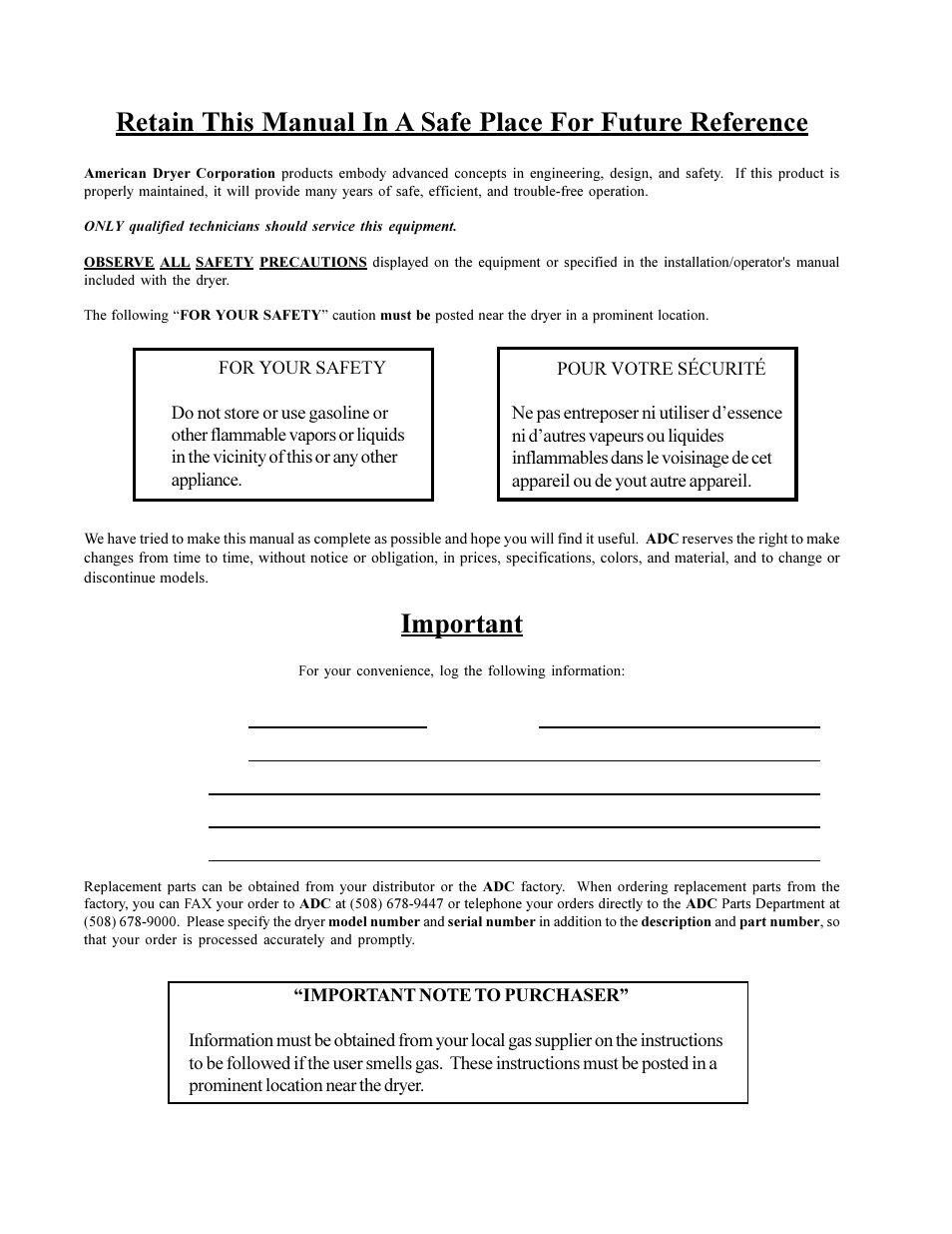 Important, Ml-200 non-tilting | American Dryer Non-Tilting Phase 5 ML-200 User Manual | Page 2 / 59